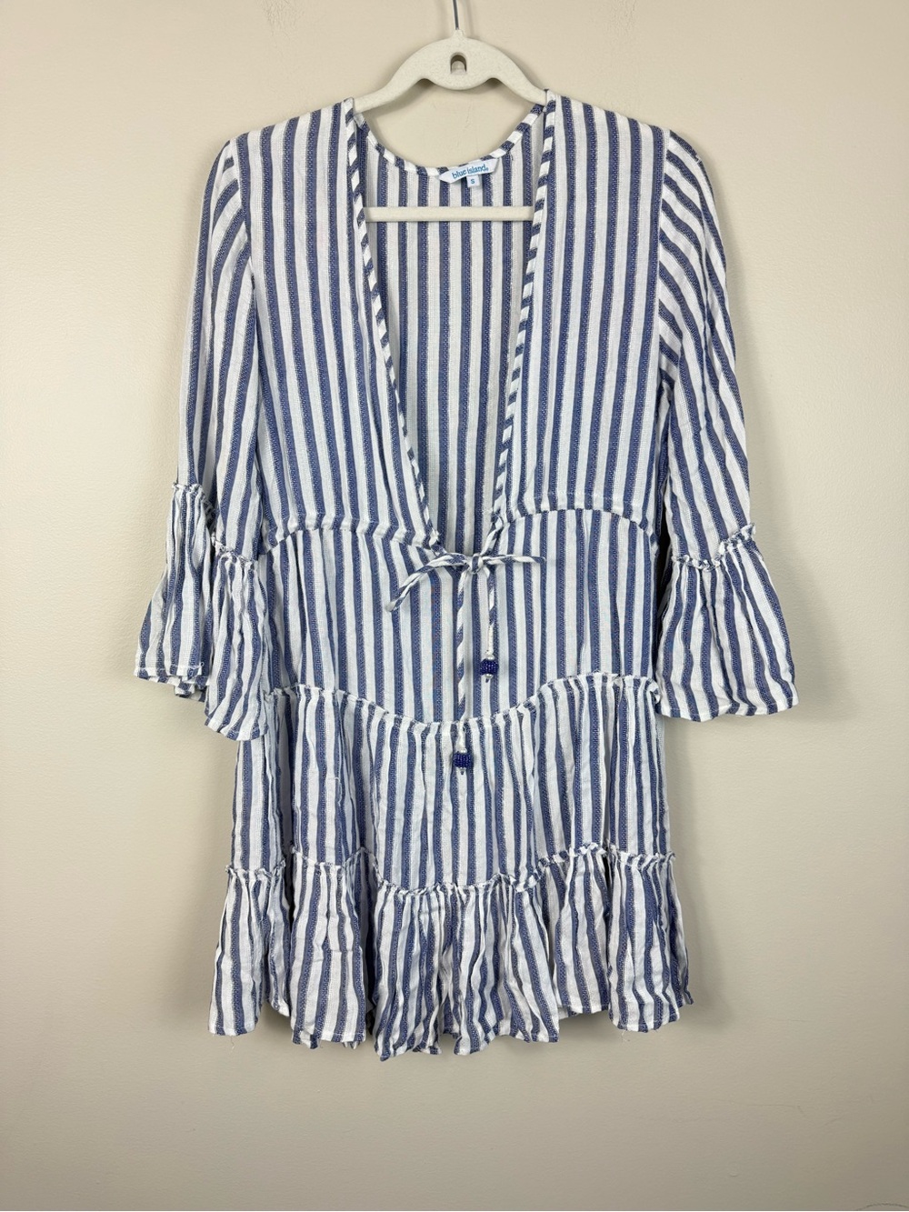 Blue Island Plunge Neck Dress Swimsuit Coverup Small Blue White Strip Resortwear